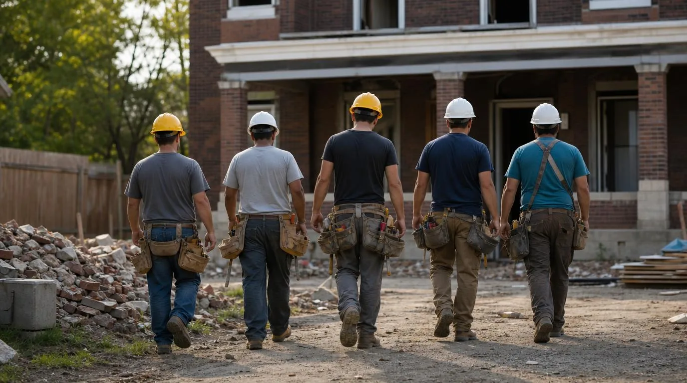 Five of the Ellery Build crew standing together outside a job