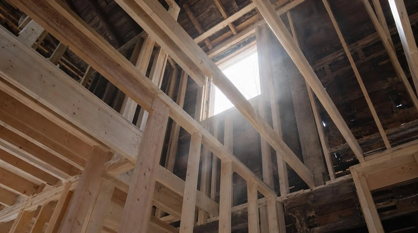 Structural framing inside a Ellery Build project, seen from the floor up