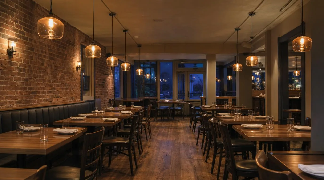 A finished restaurant dining room with tables and chairs in place