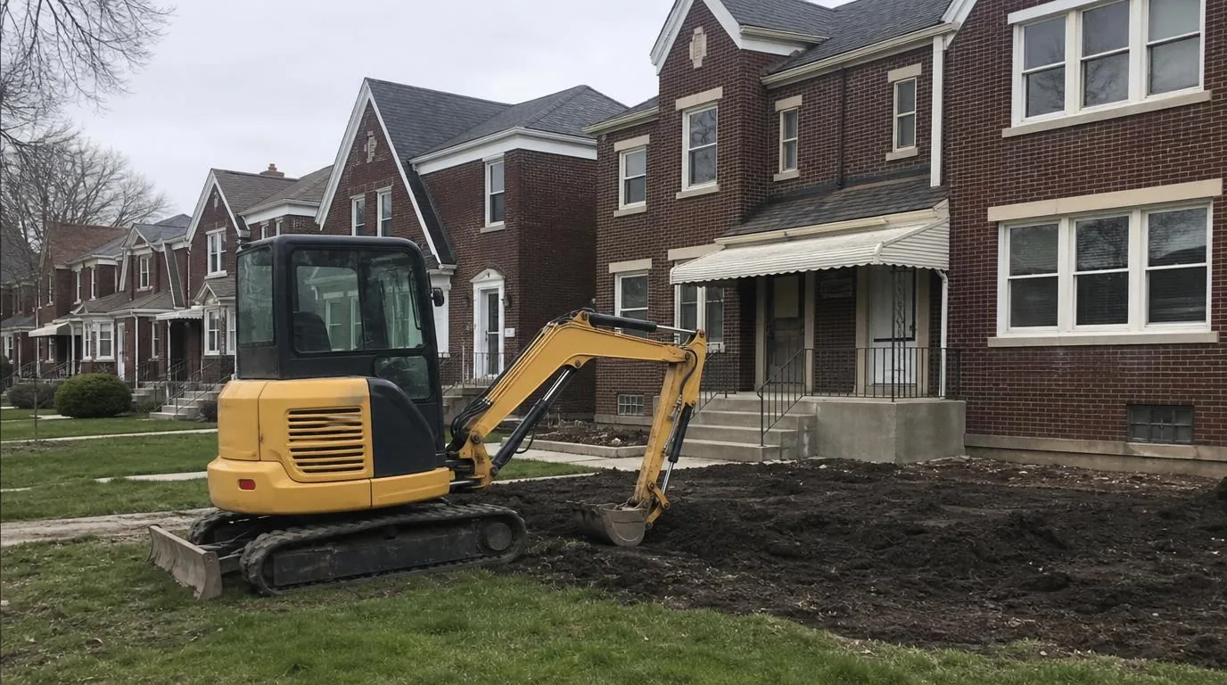 An excavator working in front of a row of Cleveland houses