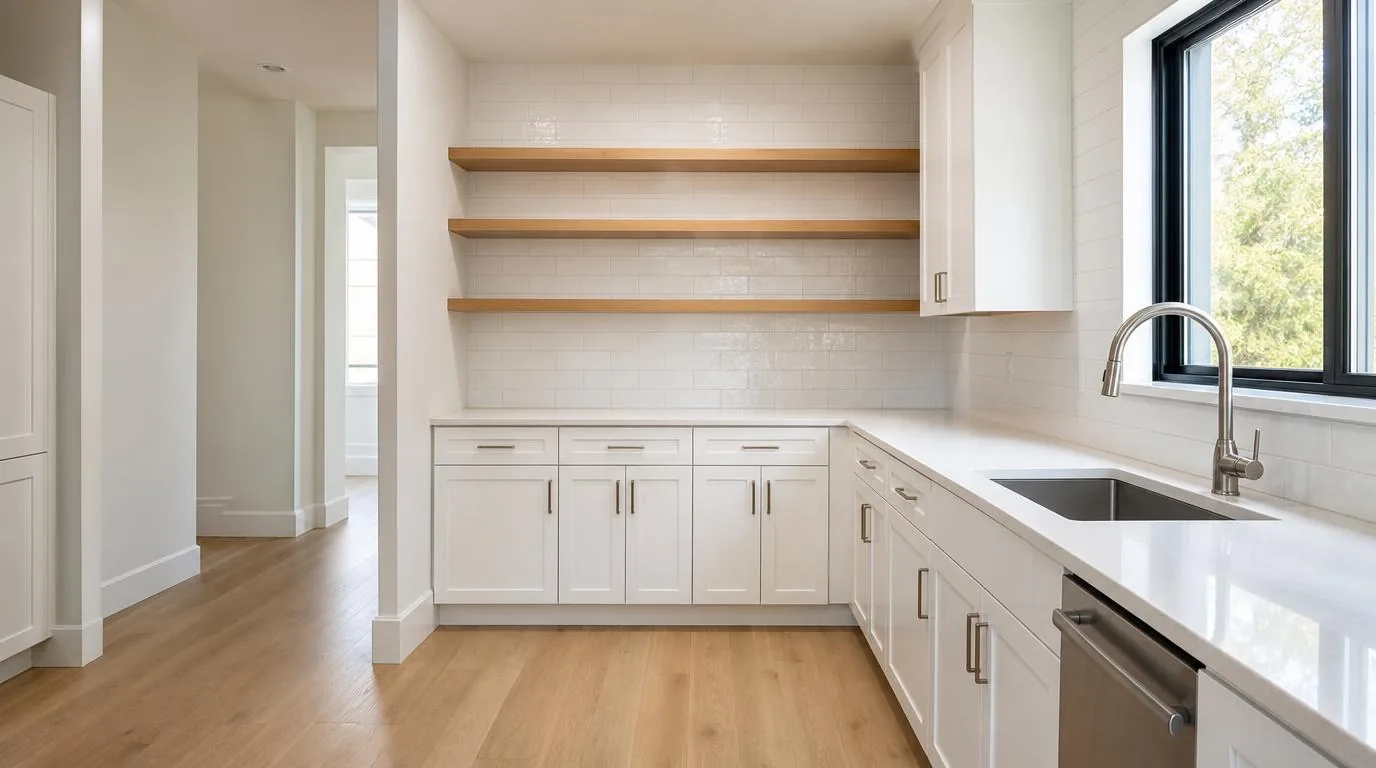 A bright kitchen with white cabinets, open shelving and a subway tile backsplash
