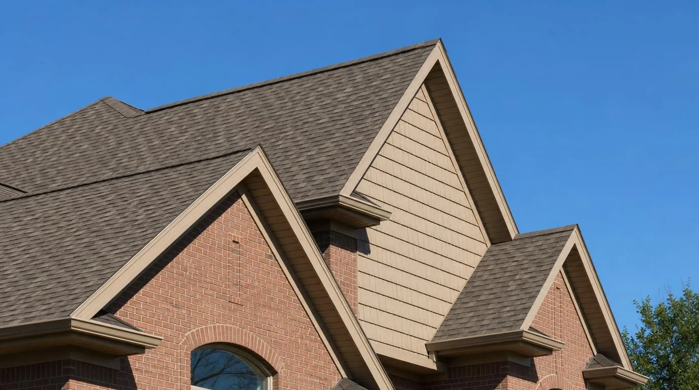 The roof and siding of a large brick house against a blue sky