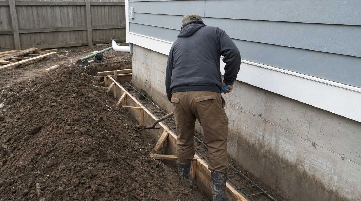 A crew member digging and forming footings beside a house