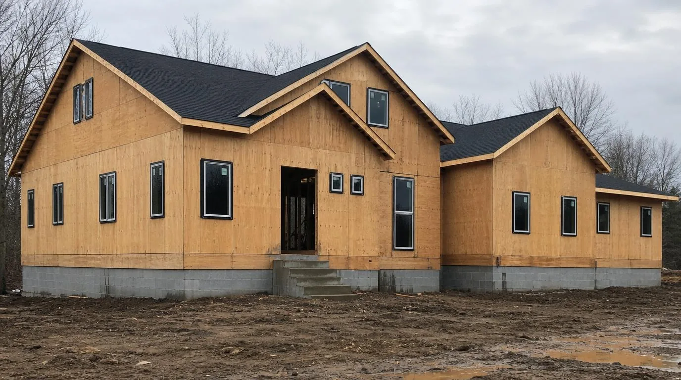 A house closed in with block, sheathing and new windows