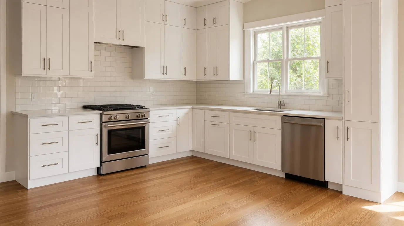 A finished kitchen with white cabinets and a tile backsplash