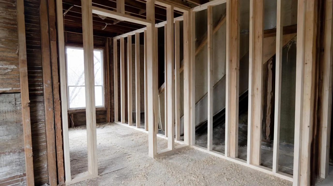 New wall framing going up inside a gutted house