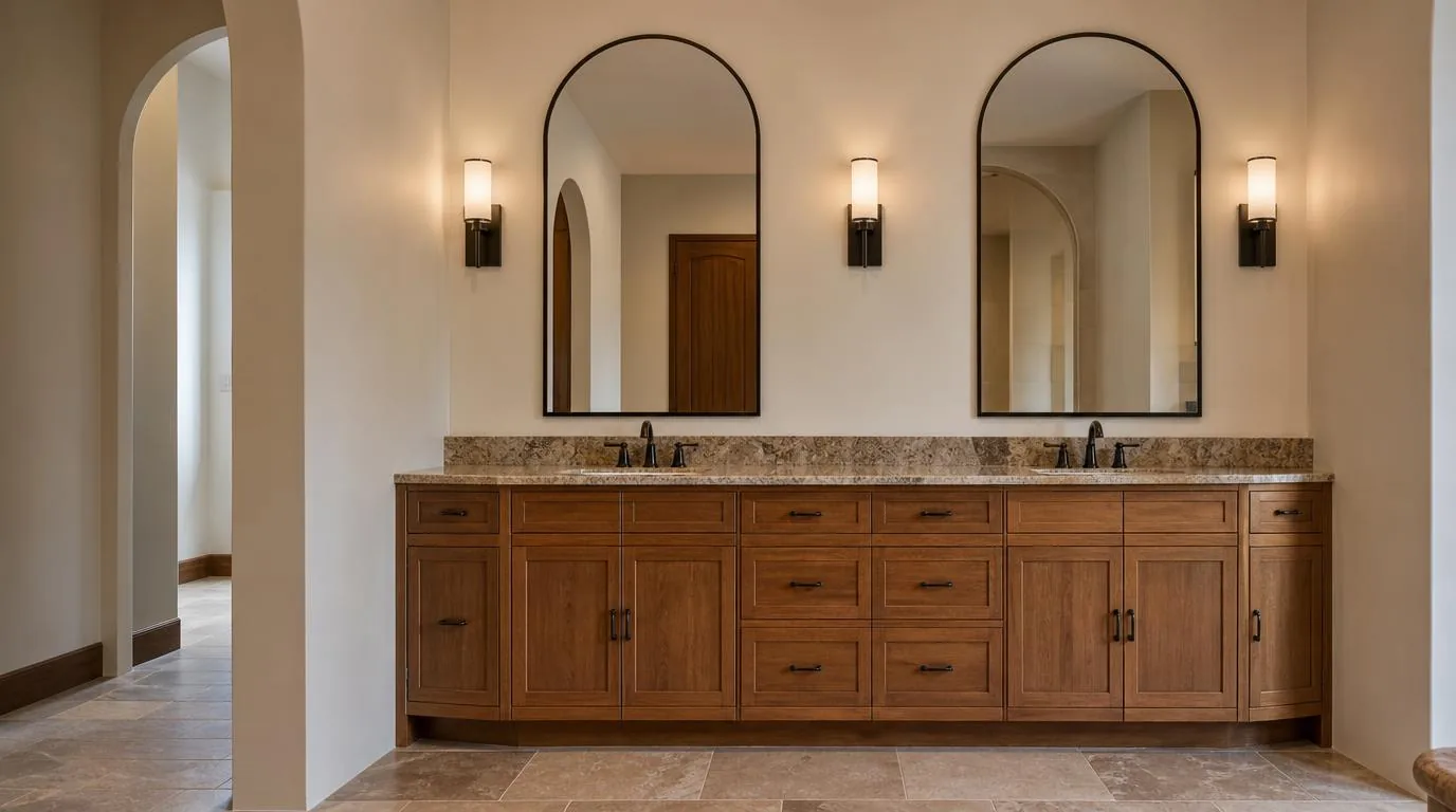 A bathroom vanity in wood with two arched mirrors and wall sconces