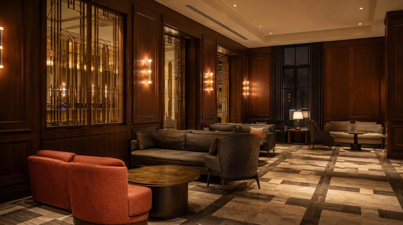 A finished commercial lounge with seating and paneled walls