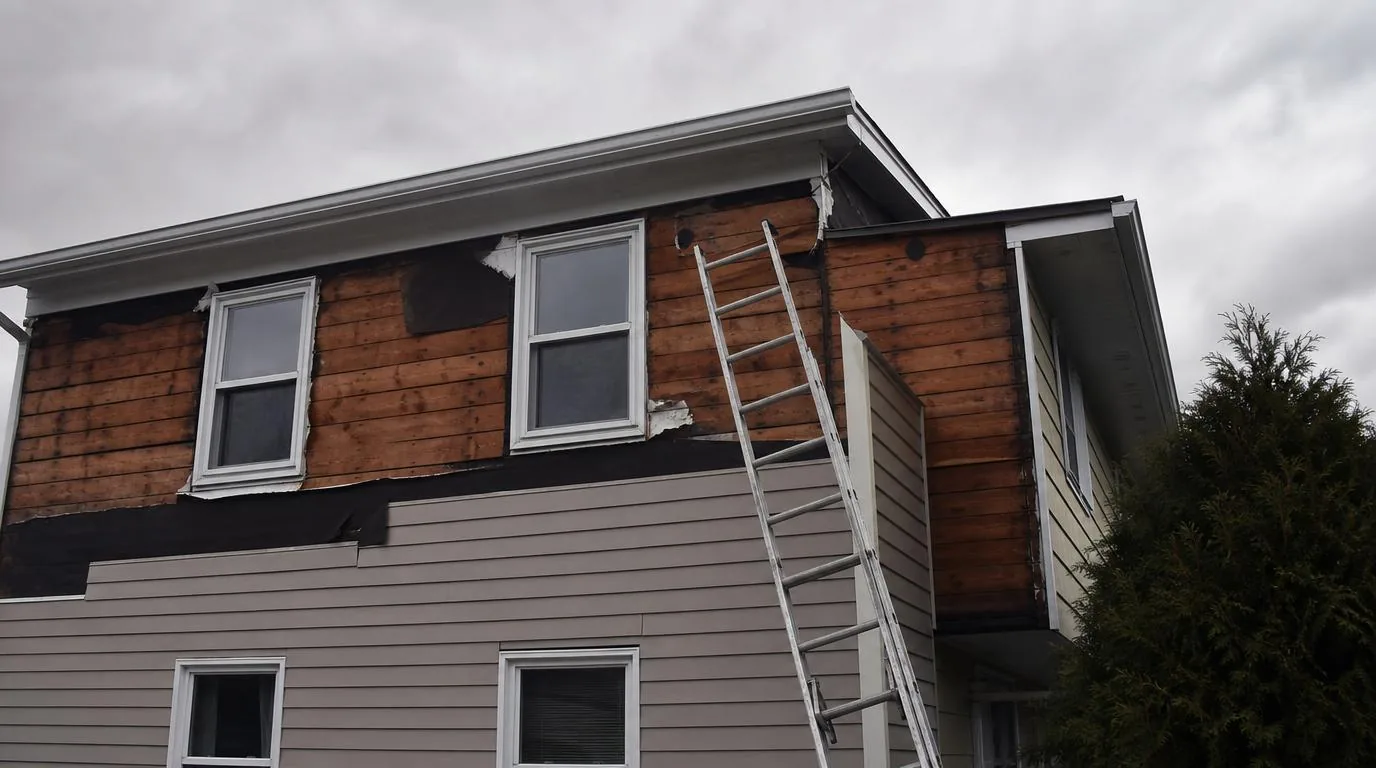Exterior work on a home with a ladder still standing against the wall