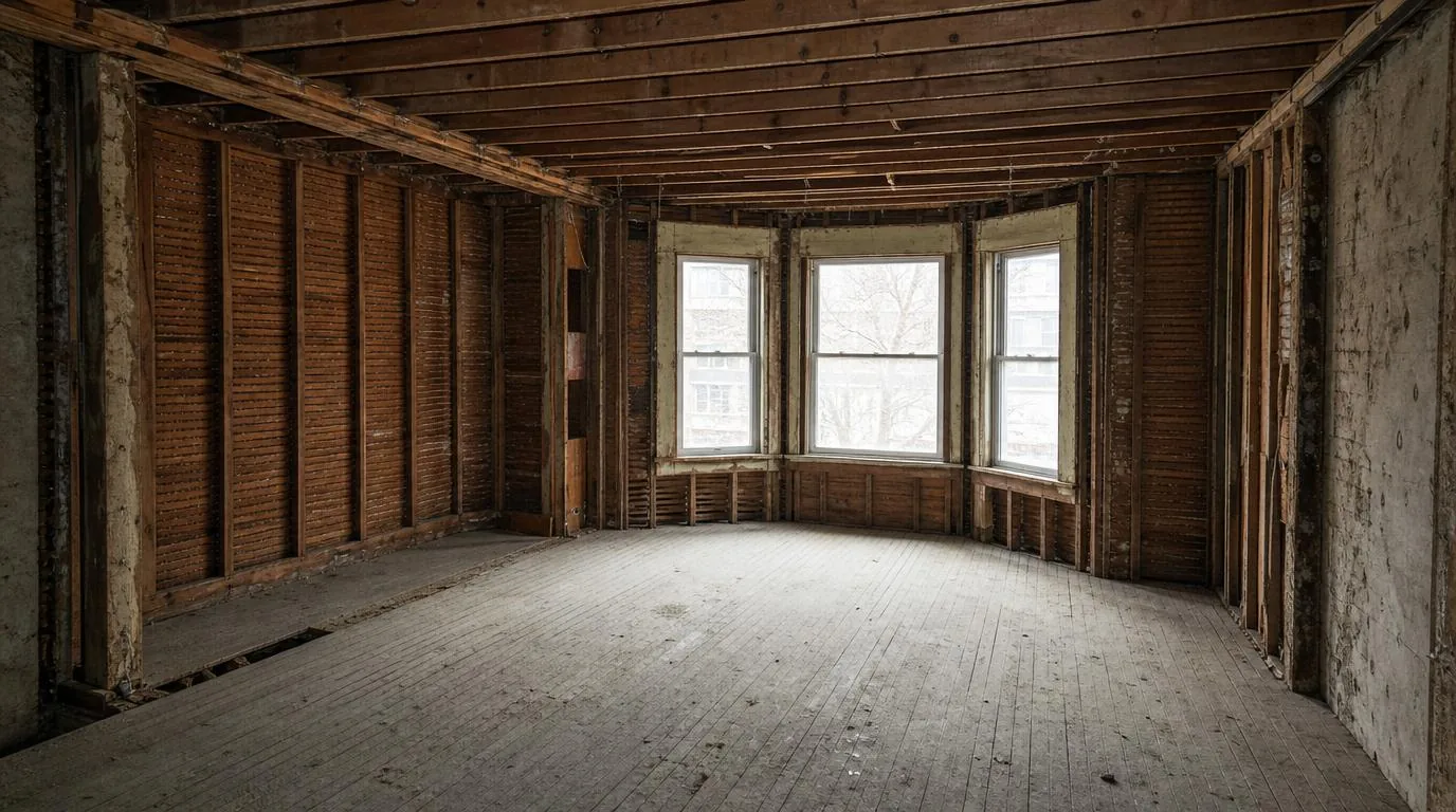 An old interior opened up to the joists with the hardwood floor still down