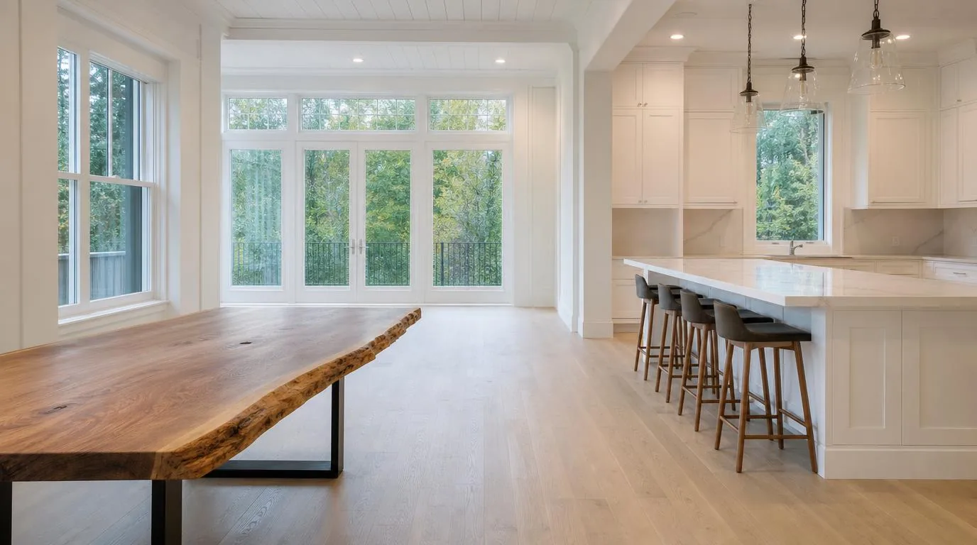 A white kitchen open to a dining area with a live-edge wood table
