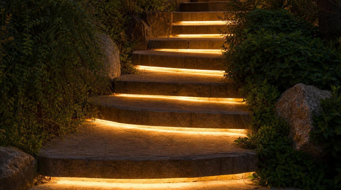 Curved stone steps with lighting set into the risers