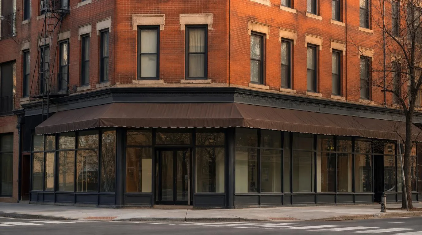 A brick corner building with a storefront at street level